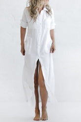 Vestido camisero largo de lino con bolsillos y botones